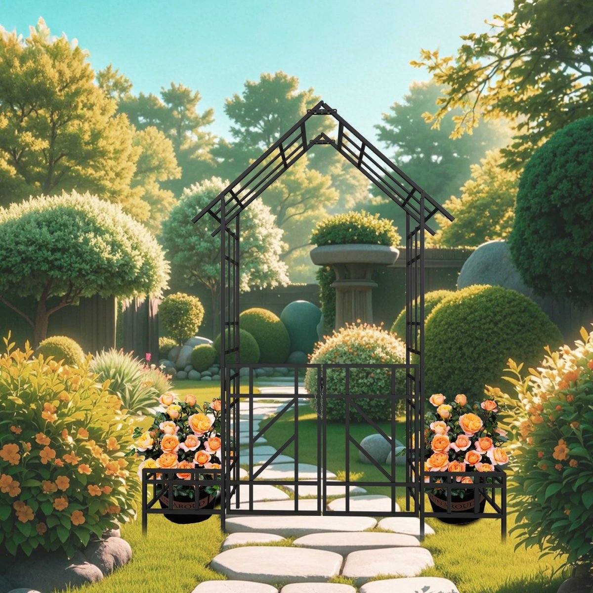 Metal Garden Arch with Gate with planter W80.71*H97.24 Climbing Plants Support Rose Arch Outdoor Black - HomeDIYer