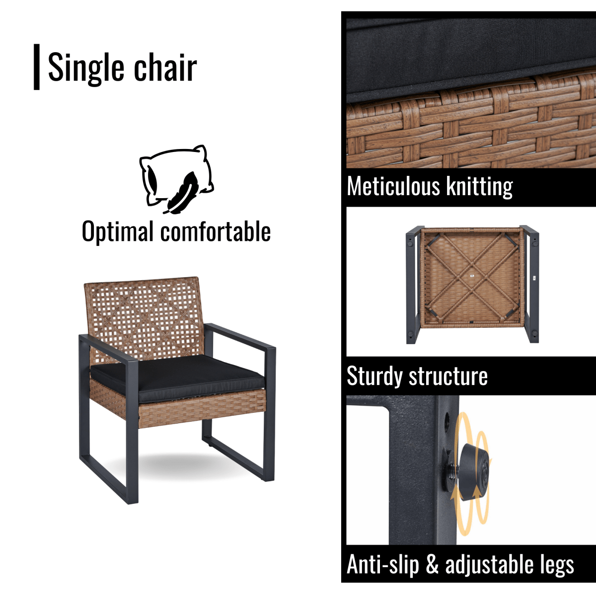 Patio Furniture Set 3 Piece Mixture Pattern PE Rattan Steel Frame And Modern Round Table, Brown and Black - HomeDIYer