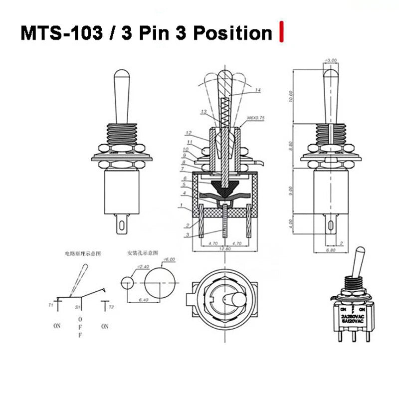 MTS Series Toggle Switch SPDT — 3/6/9/12 Pin, 2/3 Position, ON-ON & Momentary, AC 2A 250V 5A 120V
