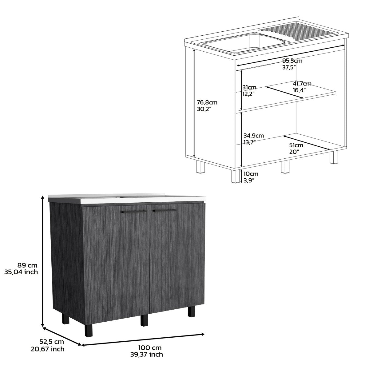 2 Freestanding Utility Base Cabinet with Stainless Steel Countertop and 2 - Door, Smokey Oak - HomeDIYer