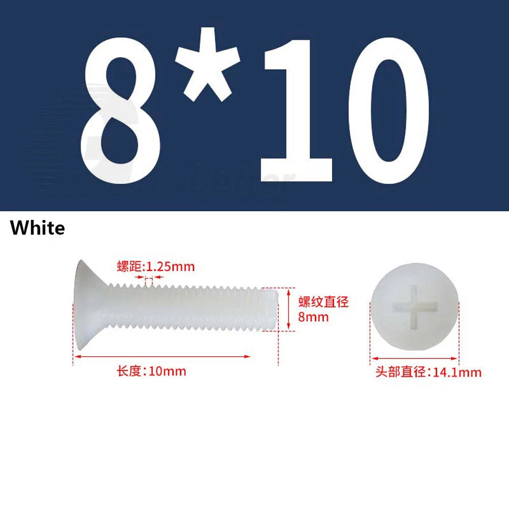 Nylon Phillips Countersunk Machine Screws – M2.5 M3 M4 M5 M6 M8, White or Black (5–40mm)