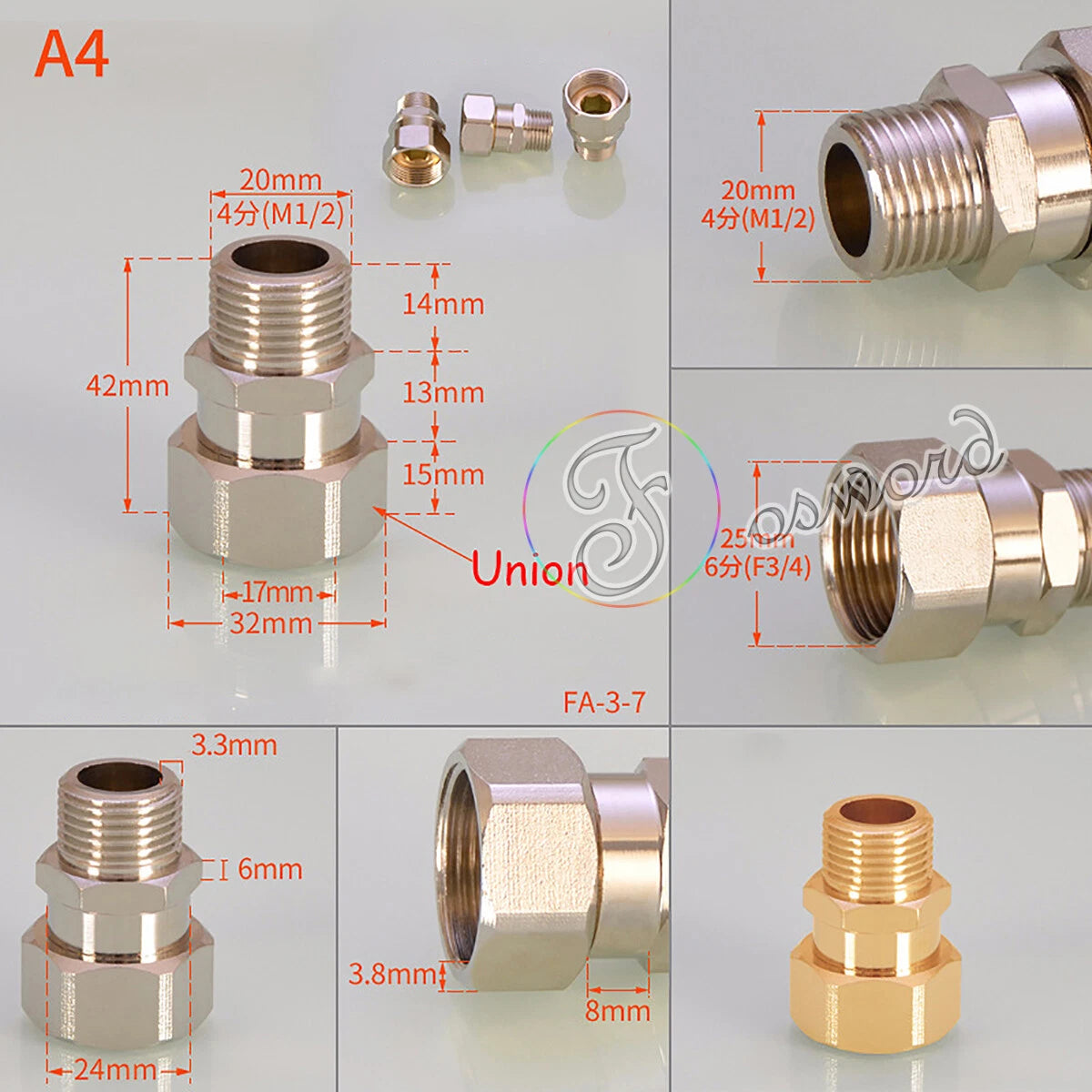 3/4" - 1/2" BSP Brass Pipe Fittings – Elbow 90°, Tee & Union Coupler, Male & Female Thread