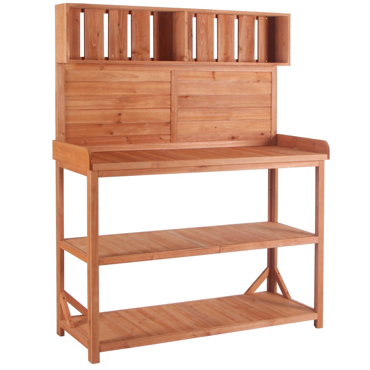 65" Large Wooden Farmhouse Rustic Outdoor Potting Bench Table, Patio Workstation, Garden Potting Bench with 4 Storage Shelves and Side Hook,Natural - HomeDIYer