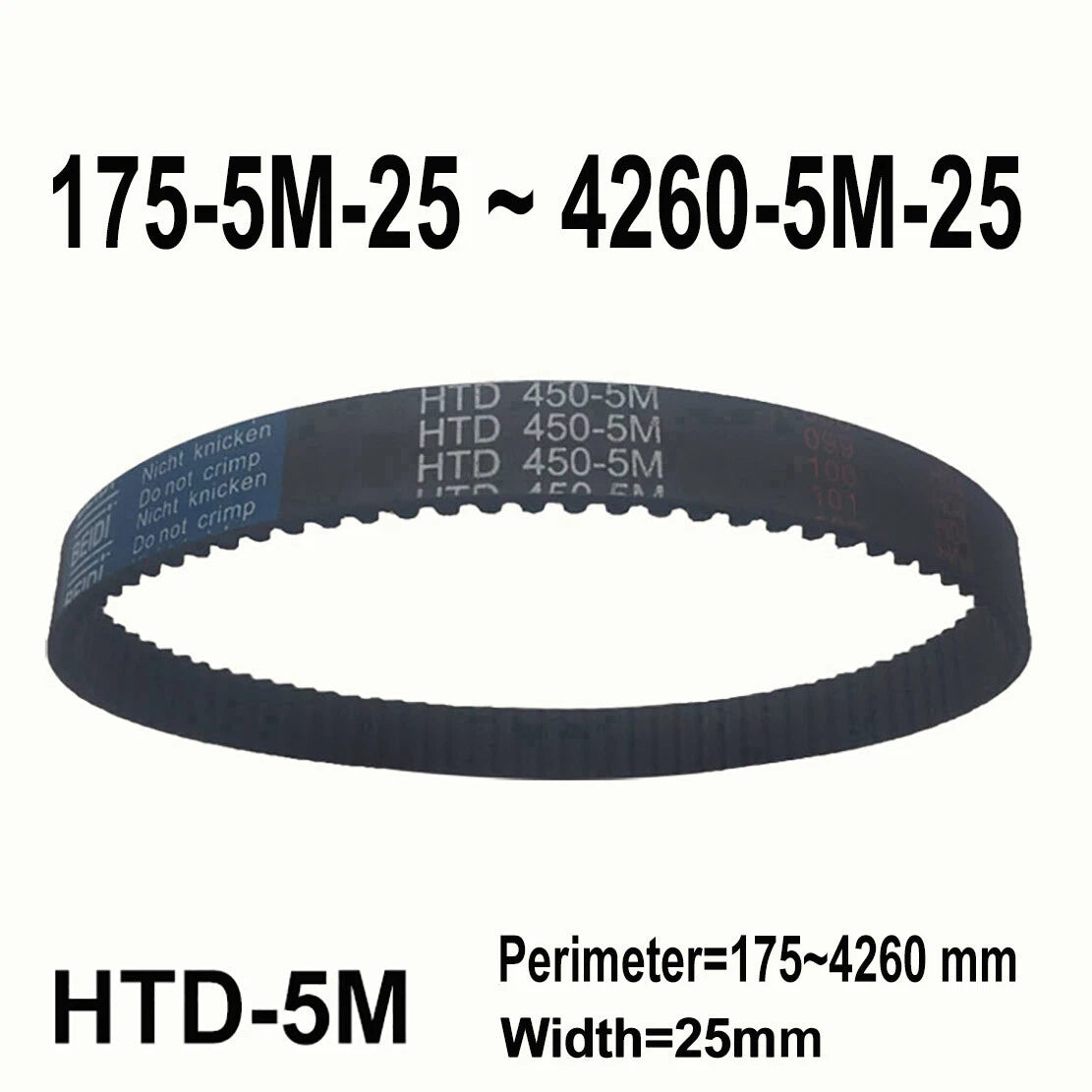 HTD-5M Closed Loop Timing Belt 25mm Wide — Perimeter 175mm to 4260mm
