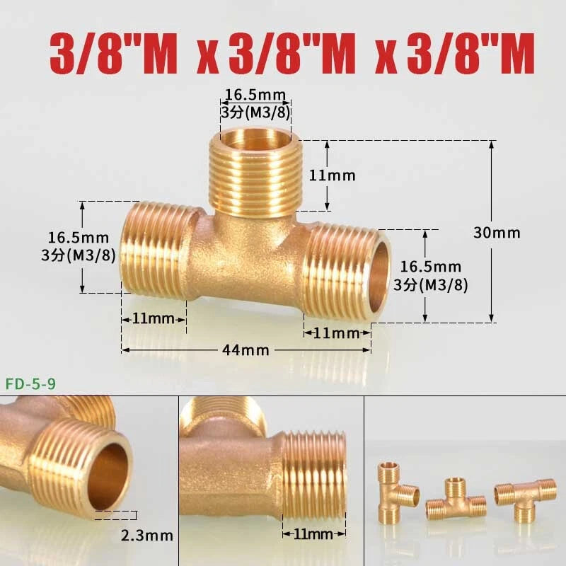 Brass BSP Tee Fitting 1/8" 1/4" 3/8" — Male Female Thread Pipe Connector