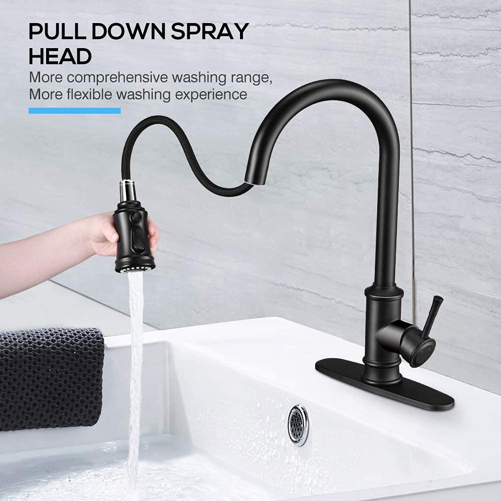 Kitchen Faucet - 3 Modes Pull Down Sprayer Kitchen Tap Faucet Head, Single Handle&Deck Plate for 1or3 Holes, 360° Rotation, Stainless Steel No Lead for RV Bar Home, Black - HomeDIYer