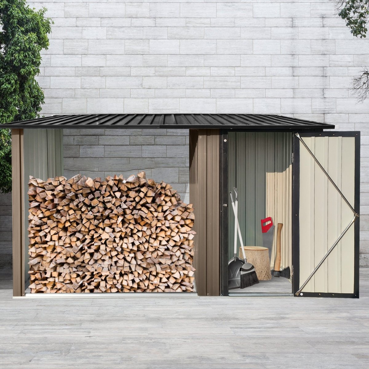 Outdoor Metal Firewood Rack and Storage Shed, Brown and Black,Two - in - one function - HomeDIYer