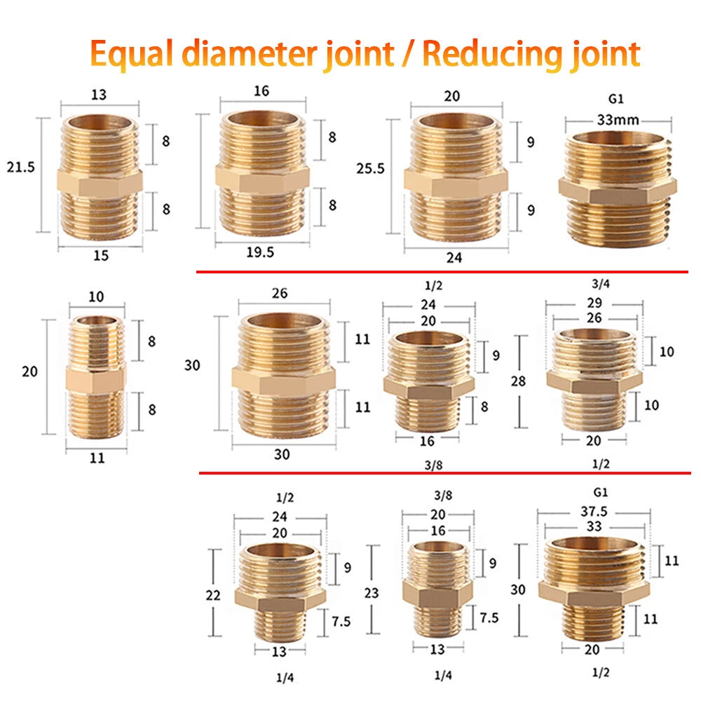 Male to Male Brass Nipple Adapter — Equal & Reducer Sizes 1/8" to 1"