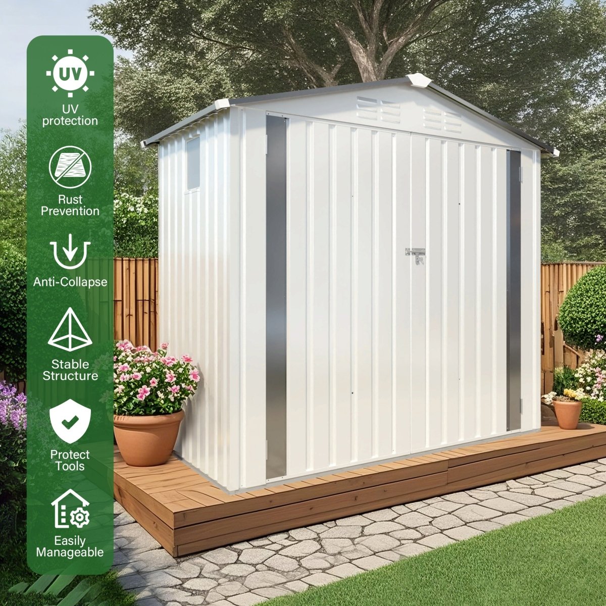6X4 FT Metal Outdoor Storage Shed,Tool Shed with Pitched Roof Watertight with Positive Window and Lockable Door Compact Metal Tool Shed for Garden, Backyard,Patio,Sundries and Bike Storage, White+Gray - HomeDIYer