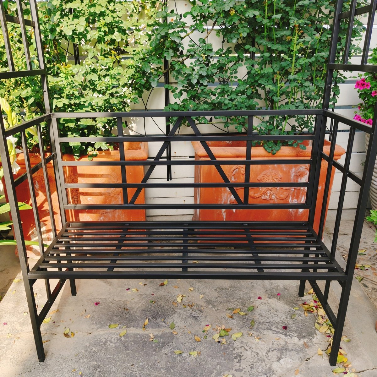 Metal Garden Arch with Bench Turned into Flower Stand W58.07*H97.24 Climbing Plants Support Rose Arch Outdoor Black - HomeDIYer