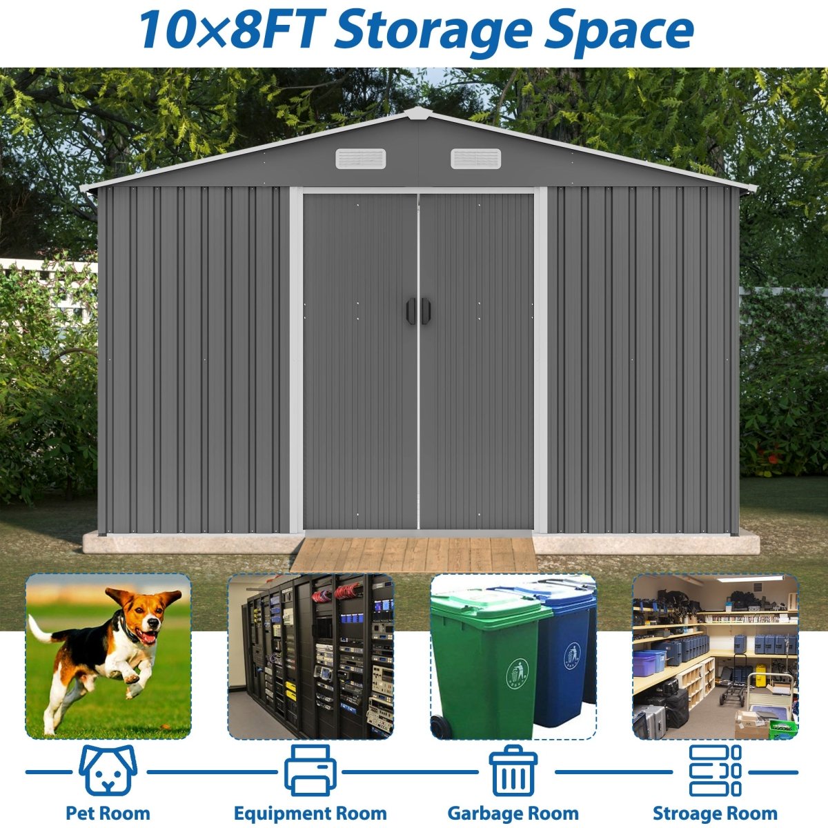 10X8 FT Outdoor Tool Storage Shed with Metal Foundation & Lockable Doors, All Weather Metal Sheds for Garden, Patio, Backyard, Lawn, Gray - HomeDIYer