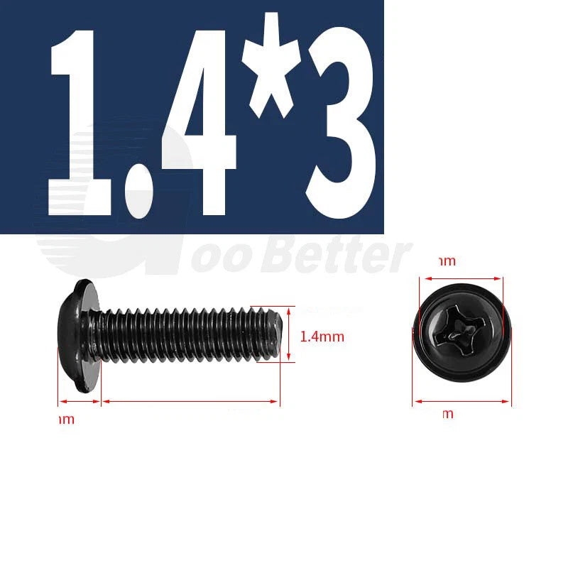 Black Zinc Flange Phillips Pan Head Machine Screws M1.4 M2 M2.5 M3 M4 M5 M6 — Washer-Free Metric Bolts