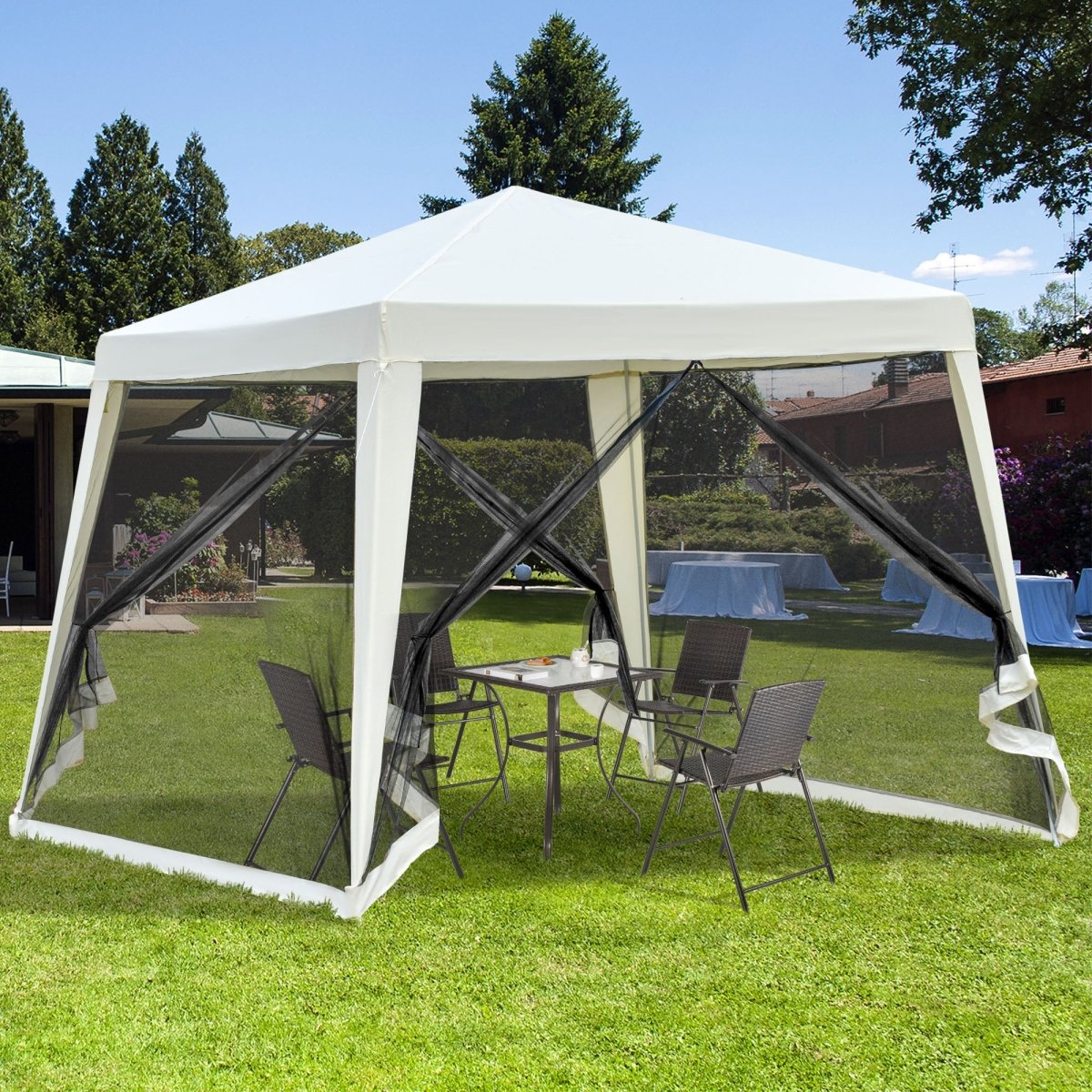 Outsunny 10'x10' Outdoor Canopy Tent, Slant Leg Sun Shelter with Mesh Sidewalls, Patio Tents for Parties, Cream White - HomeDIYer