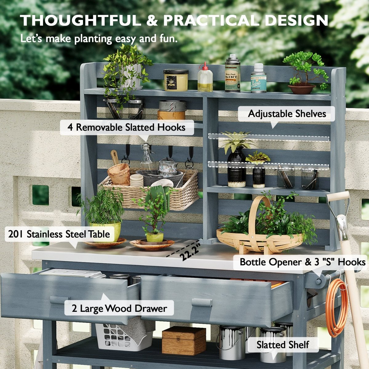 64.9"H Outdoor Potting Bench Table with Lockable Wheels, Solid Wood Outdoor Kitchen Island with Upper Hutch, Stainless Steel Top, Towel Rack ,Outdoor Storage for Grilling, Lawn Garden - Grey Blue - HomeDIYer