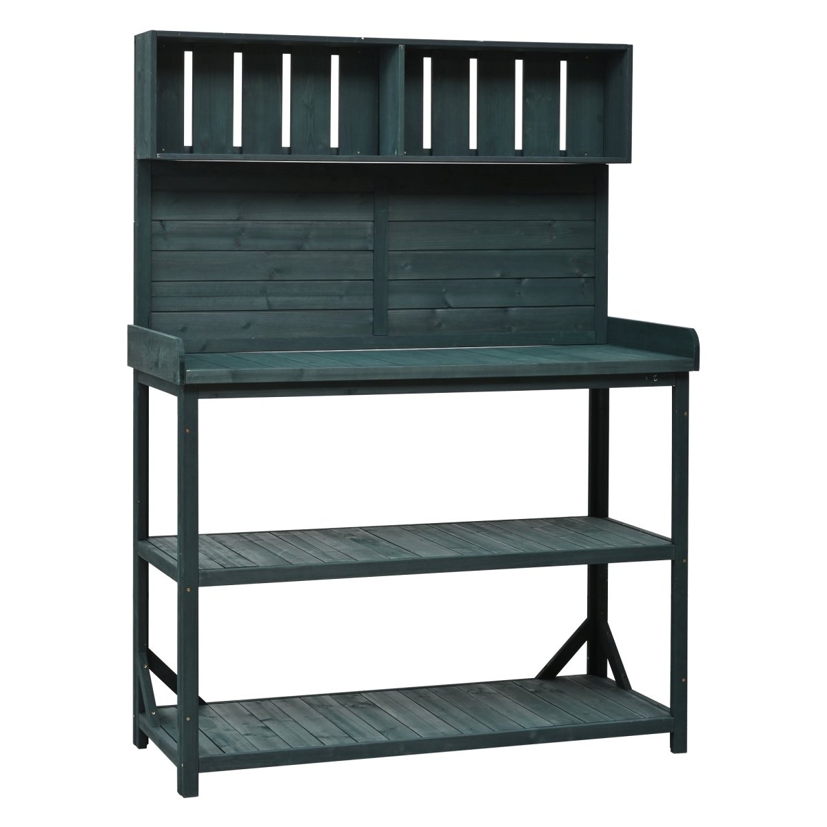65" Large Wooden Farmhouse Rustic Outdoor Potting Bench Table, Patio Workstation, Garden Potting Bench with 4 Storage Shelves and Side Hook, Forest Green - HomeDIYer