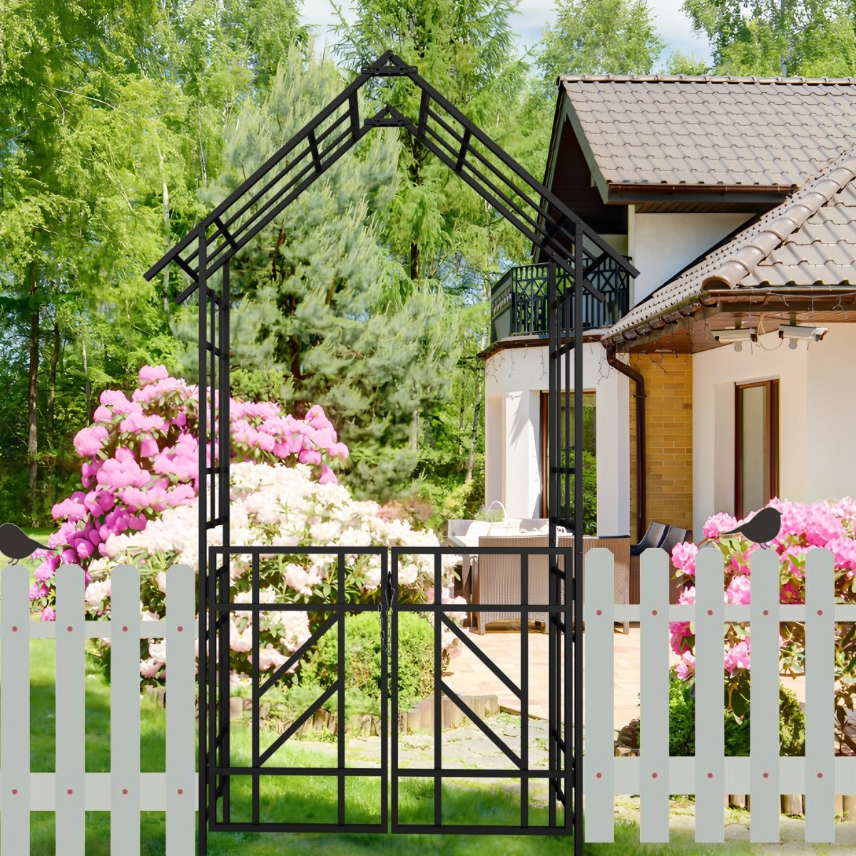 Metal Garden Arch with Gate W58.07*H97.24 Climbing Plants Support Rose Arch Outdoor Black - HomeDIYer