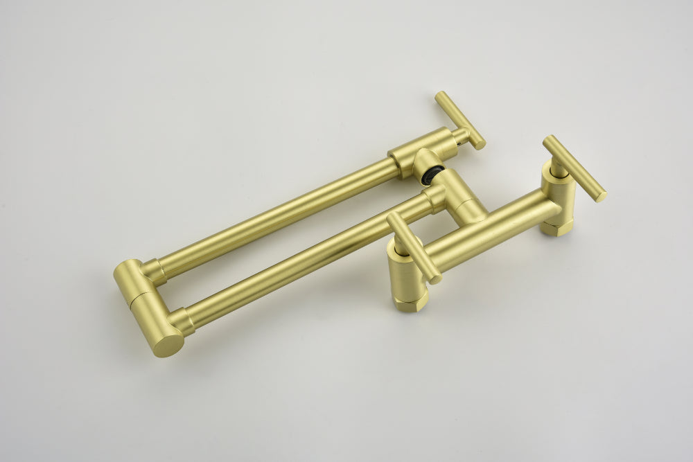 3-Handle Wall Mounted Pot Filler Faucet – Brushed Gold, Swing Arm, Hot & Cold Water, Solid Brass