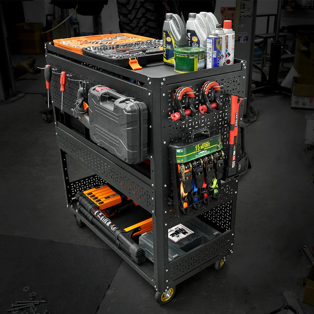 3 - Tier DIY Detachable Utility Cart Storage Tool Cart With Steel Pegboard, Foldable Rolling Tool Cart with Wheels For Garage Organizer and Tool Storage - HomeDIYer