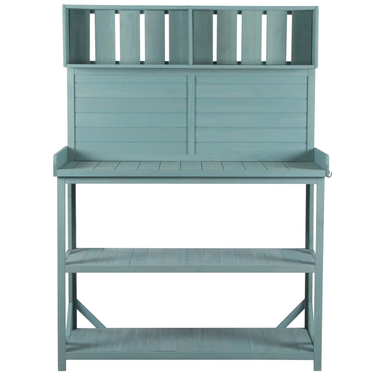 65" Large Wooden Farmhouse Rustic Outdoor Potting Bench Table, Patio Workstation, Garden Potting Bench with 4 Storage Shelves and Side Hook,Green - HomeDIYer