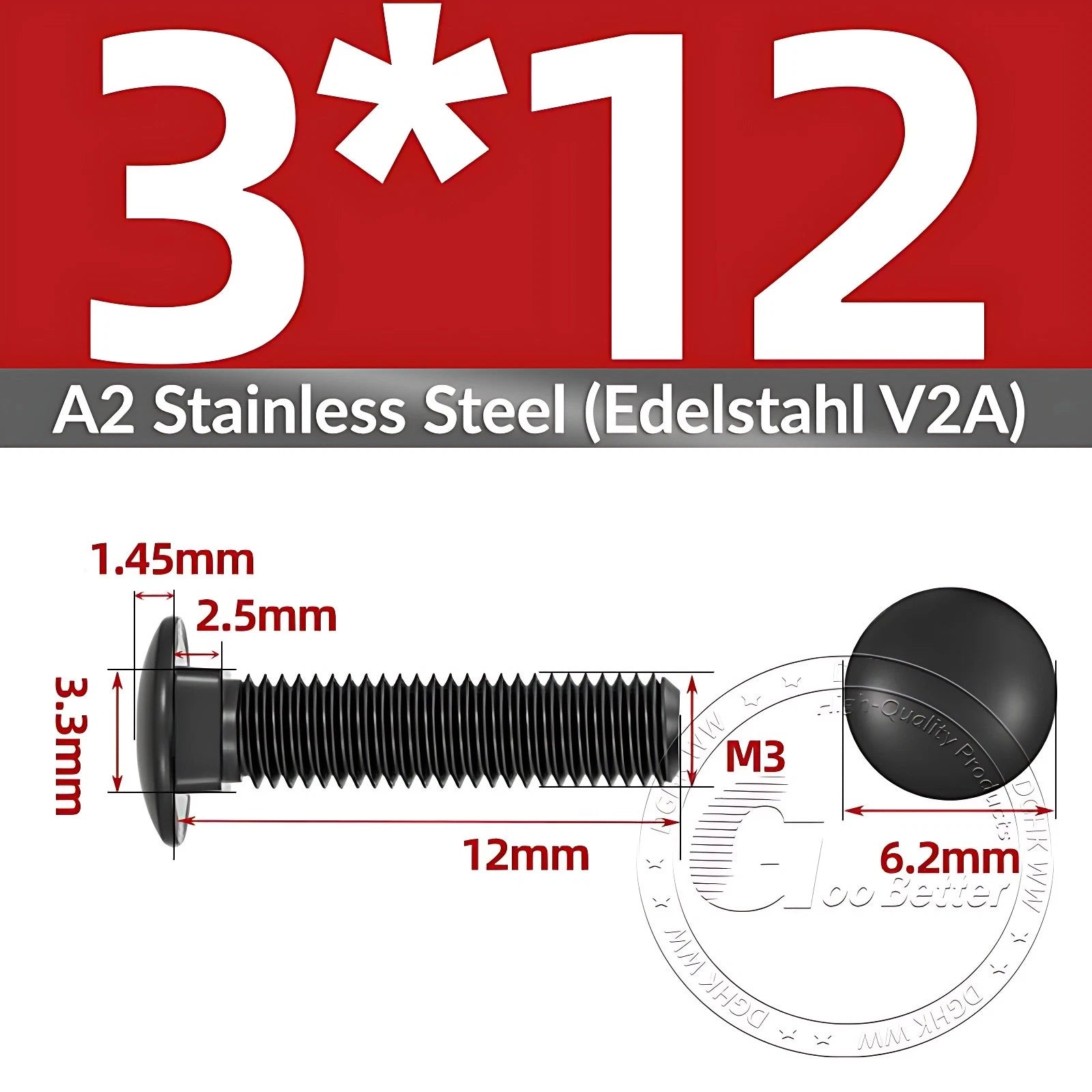 Black Stainless Steel Carriage Bolts M3–M12 | A2 Cup Square Dome Screws