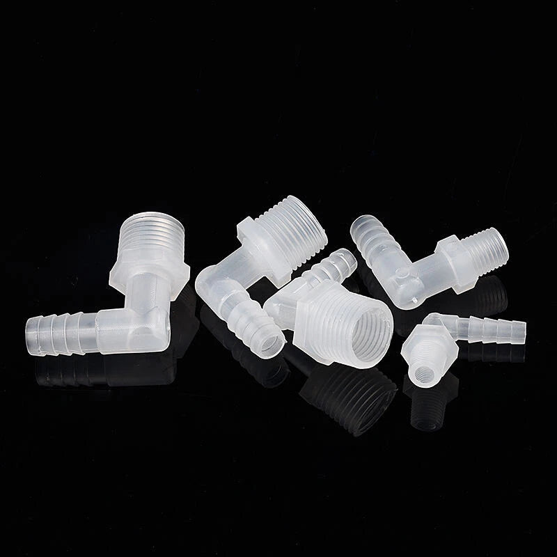 90° Elbow Hose Barb Fitting with External Thread — Plastic Tube Connector M5 to M12