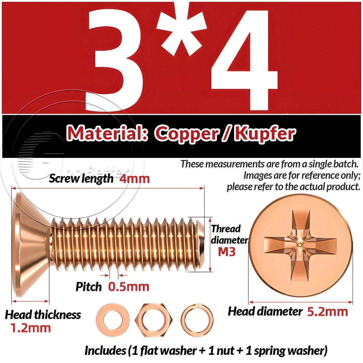 T2 Copper Pozi Countersunk Machine Screws with Flat Washer & Nut | M3–M10 - HomeDIYer