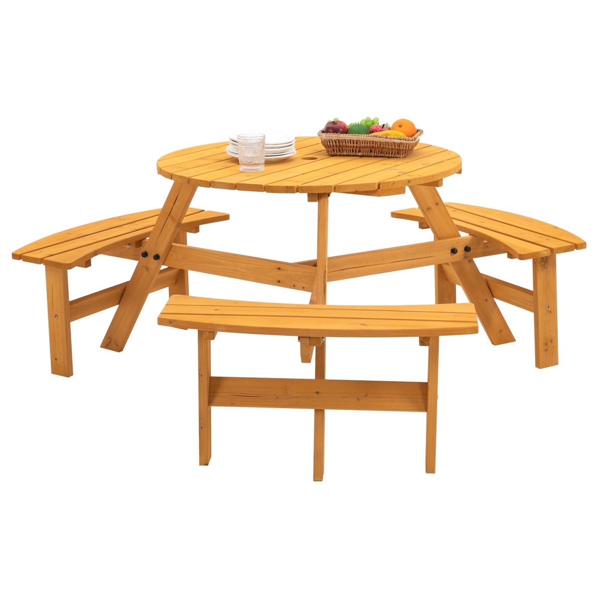 6 - Person Circular Outdoor Wooden Picnic Table for Patio, Backyard, Garden, DIY w/ 3 Built - in Benches, 1720lb Capacity - Natural - HomeDIYer