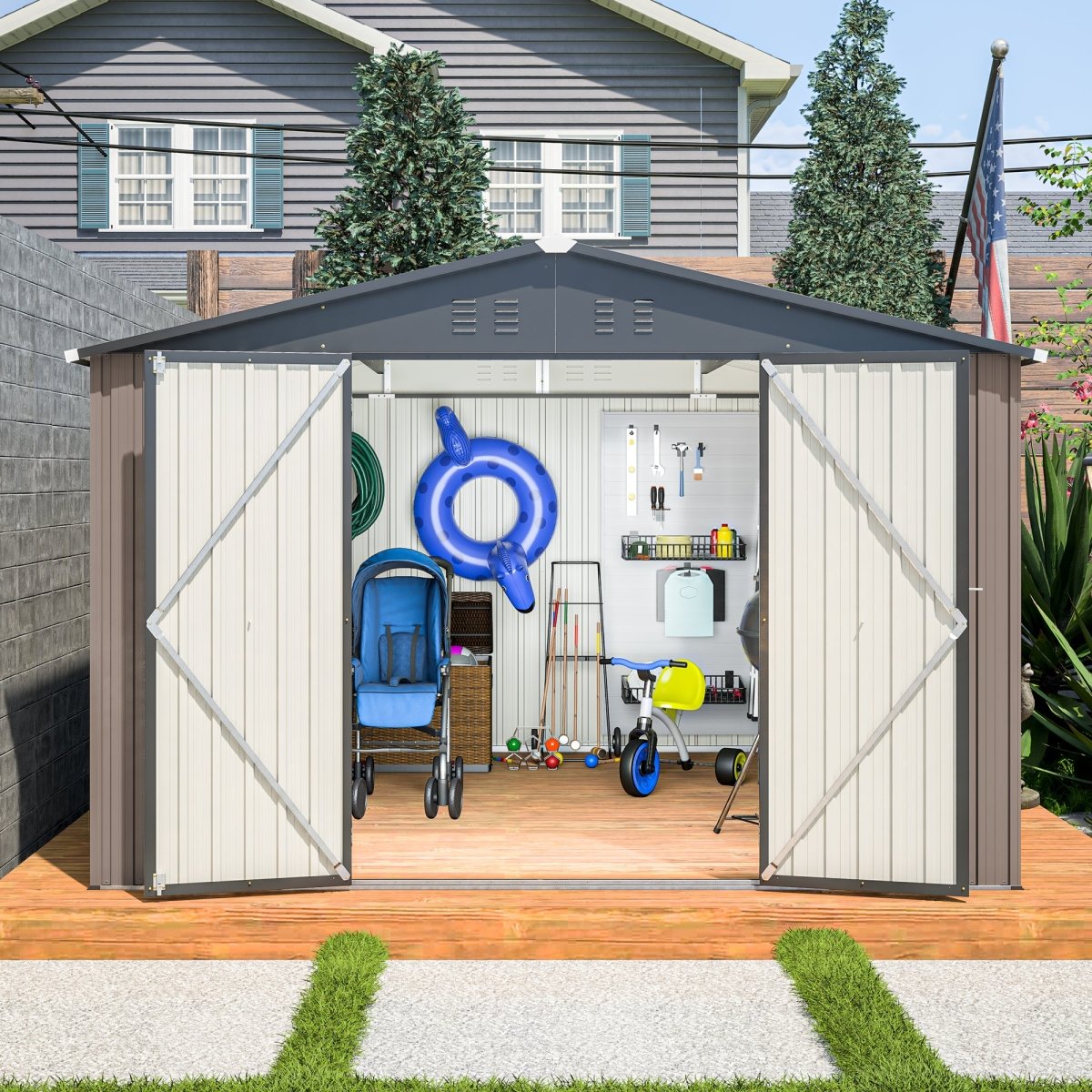 10' x 10' Metal Storage Shed for Ourdoor, Steel Yard Shed with Design of Lockable Doors, Utility and Tool Storage for Garden, Backyard, Patio, Outside use - HomeDIYer