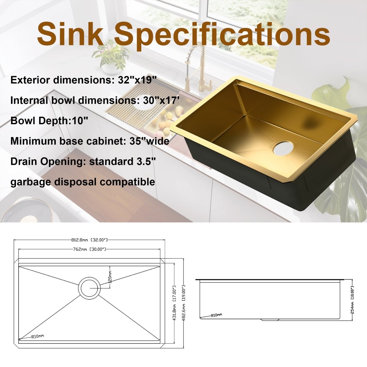 32 Gold Undermount Workstation Kitchen Sink - 32 x 19 Inch 16 Gauge Stainless Steel Undermount Kitchen Sink Handmade R10 Radius 10 Inch Deep Undermount Single Bowl Sink with Custom Accessories - HomeDIYer