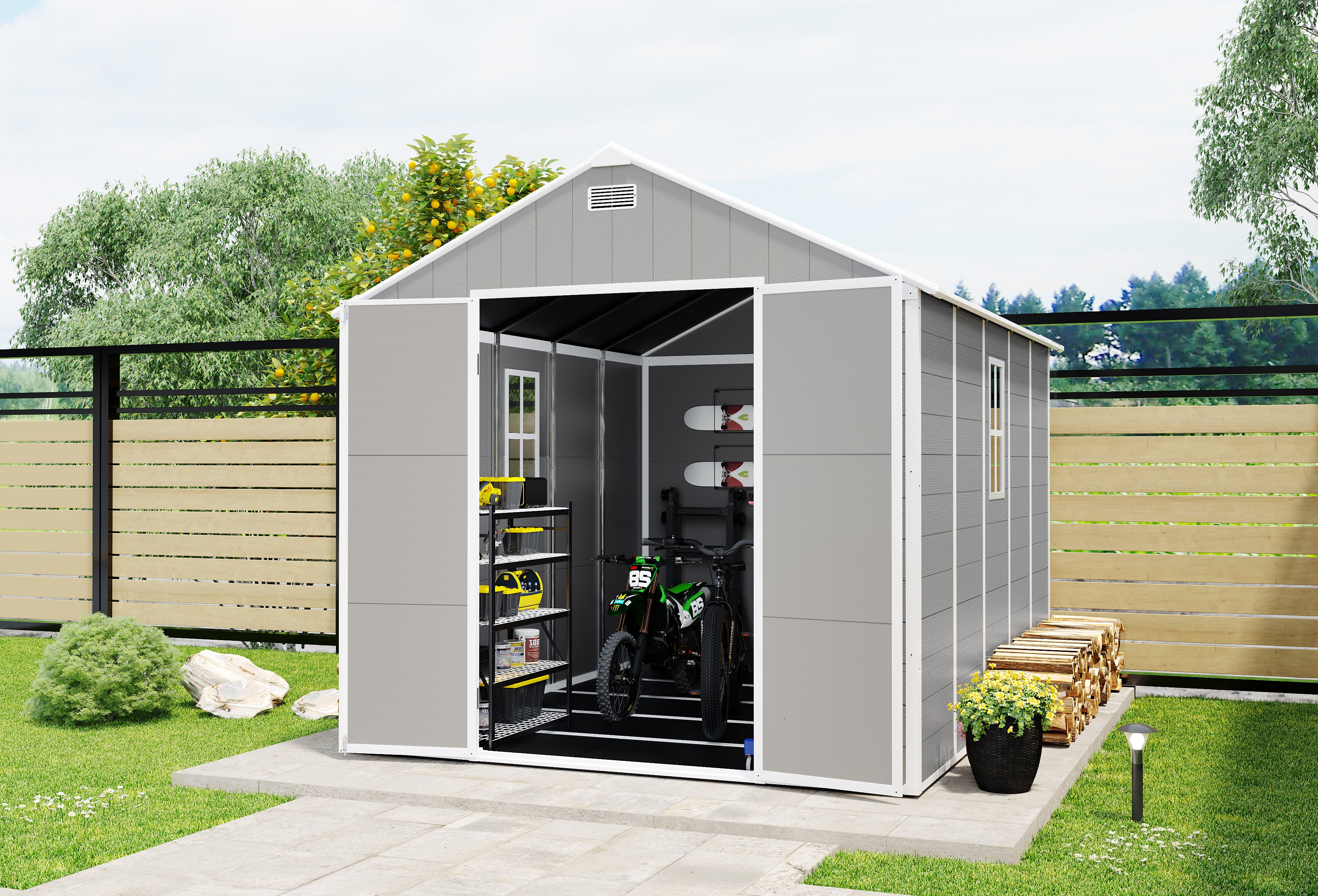 8*10 ft Resin Storage Shed, High Quality Pp Material, Strong Structure, Waterproof, Rust And Uv Proof, Large Storage Space, 12mm Thick Pp Board, Hd Window Lighting