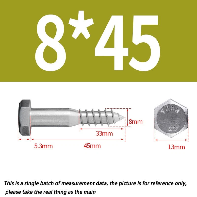 8mm M8 A2 STAINLESS STEEL SCREWS HEX HEAD LAG BOLTS WOOD SCREW BOLT DIN571