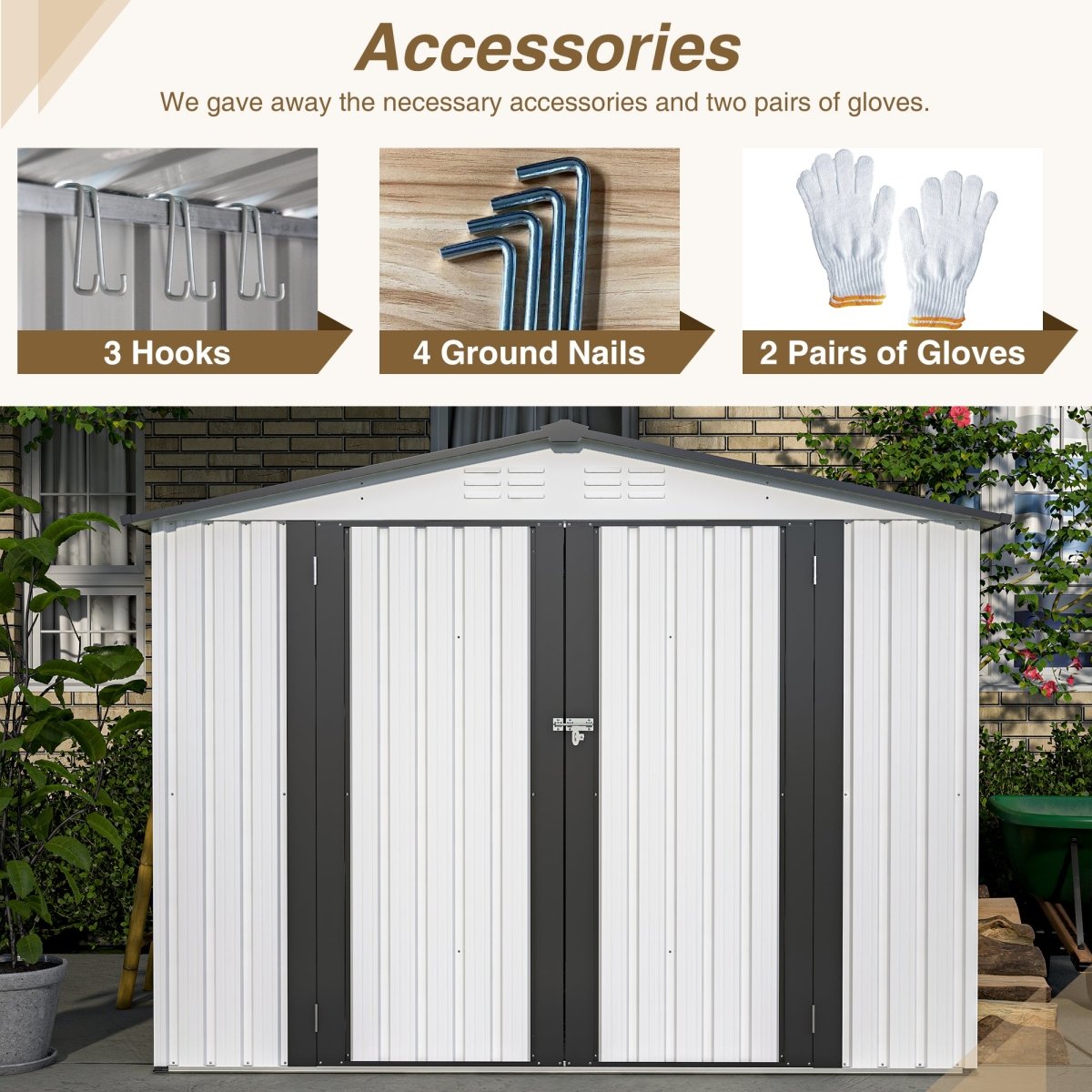 8 x 6 ft Outdoor Storage Shed, All Weather Metal Sheds with 2 Lockable Doors, Tool Shed for Garden, Backyard, Lawn,White - HomeDIYer