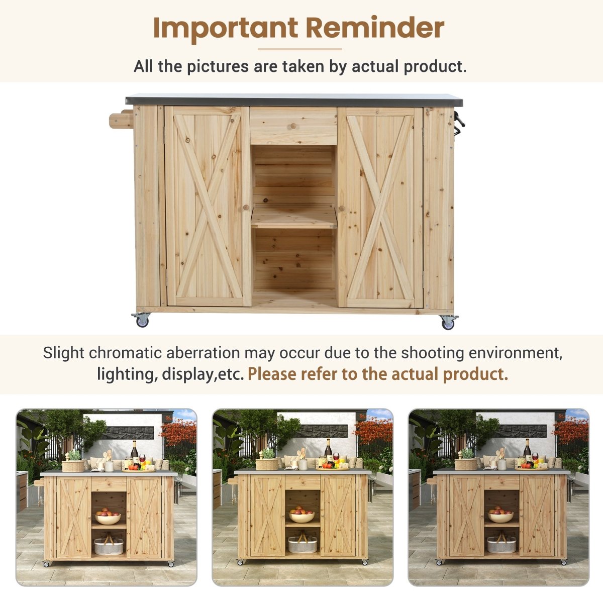 Natural Wood Outdoor Kitchen Island with Stainless Steel Top | Foldable Prep Station - HomeDIYer