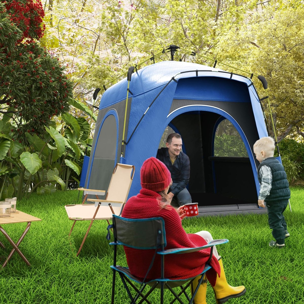 Camping Tents 4 Person Pop Up Tent Quick Setup Automatic Hydraulic Family Travel Tent w/ Windows, Doors Carry Bag Included, Blue - HomeDIYer