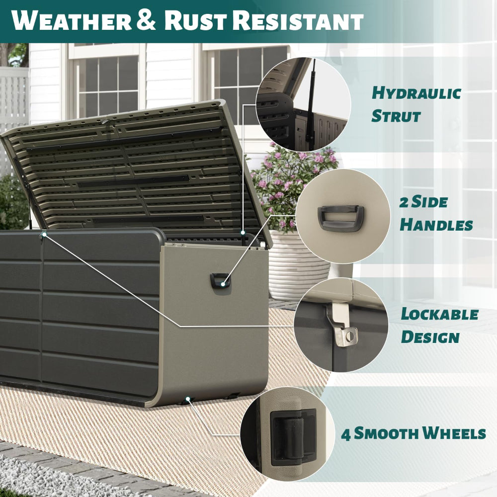 200 Gallon Plastic Deck Box – Waterproof Outdoor Storage Bench with Wheels & Hydraulic Lid, Gray