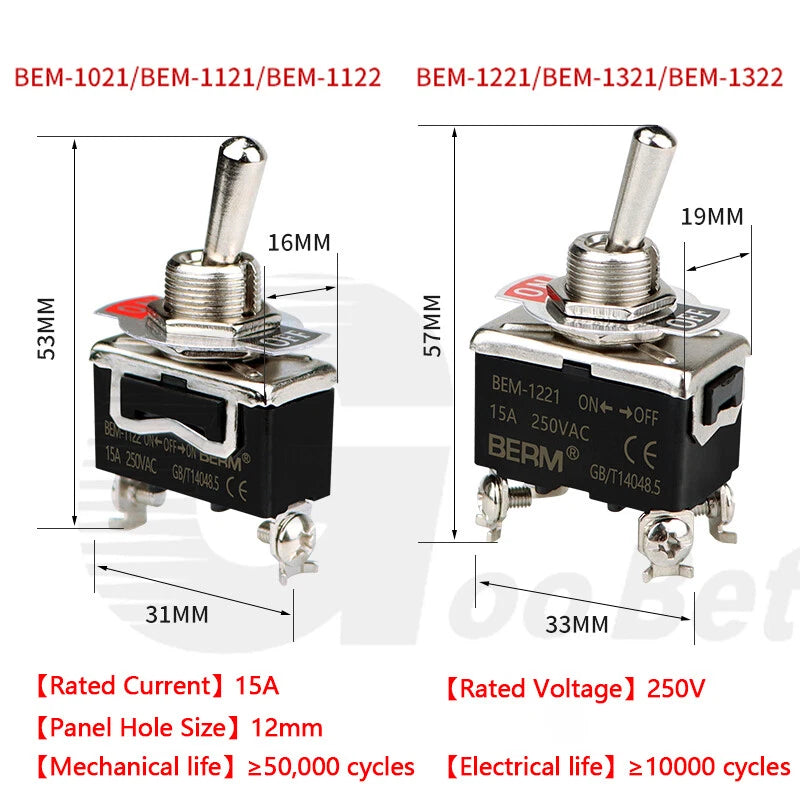 Toggle Switch SPST SPDT DPST DPDT 250V AC 15A — E-TEN & BEM Series with Waterproof Cover