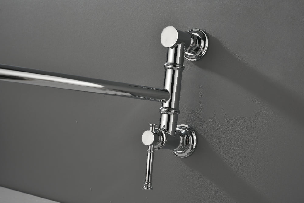Wall Mounted Pot Filler Faucet – Chrome, Two-Attachment Folding Swing Arm, Dual Handle, Solid Brass