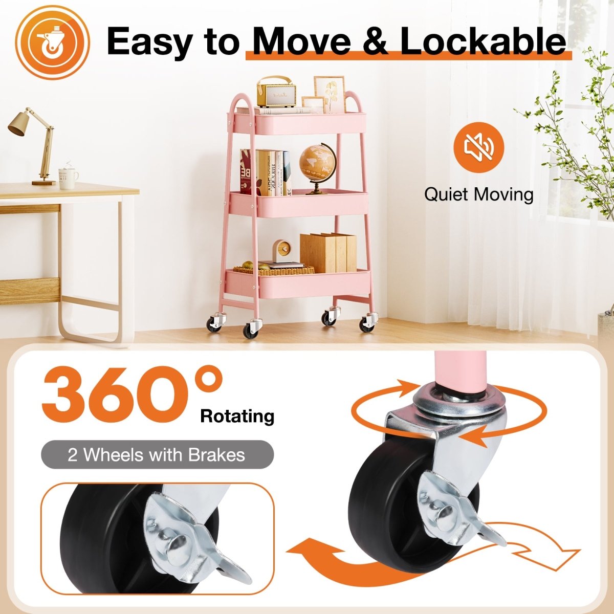 Pink 3 Tier Small Rolling Cart, Metal Utility Storage Organizer Kitchen Trolley Bathroom Laundry Room Bar Office Shelves - HomeDIYer