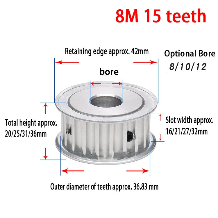 HTD 8M Timing Belt Pulley for 15-40mm Wide, Bore 8-25mm, 15-26T, CNC 3D Printer