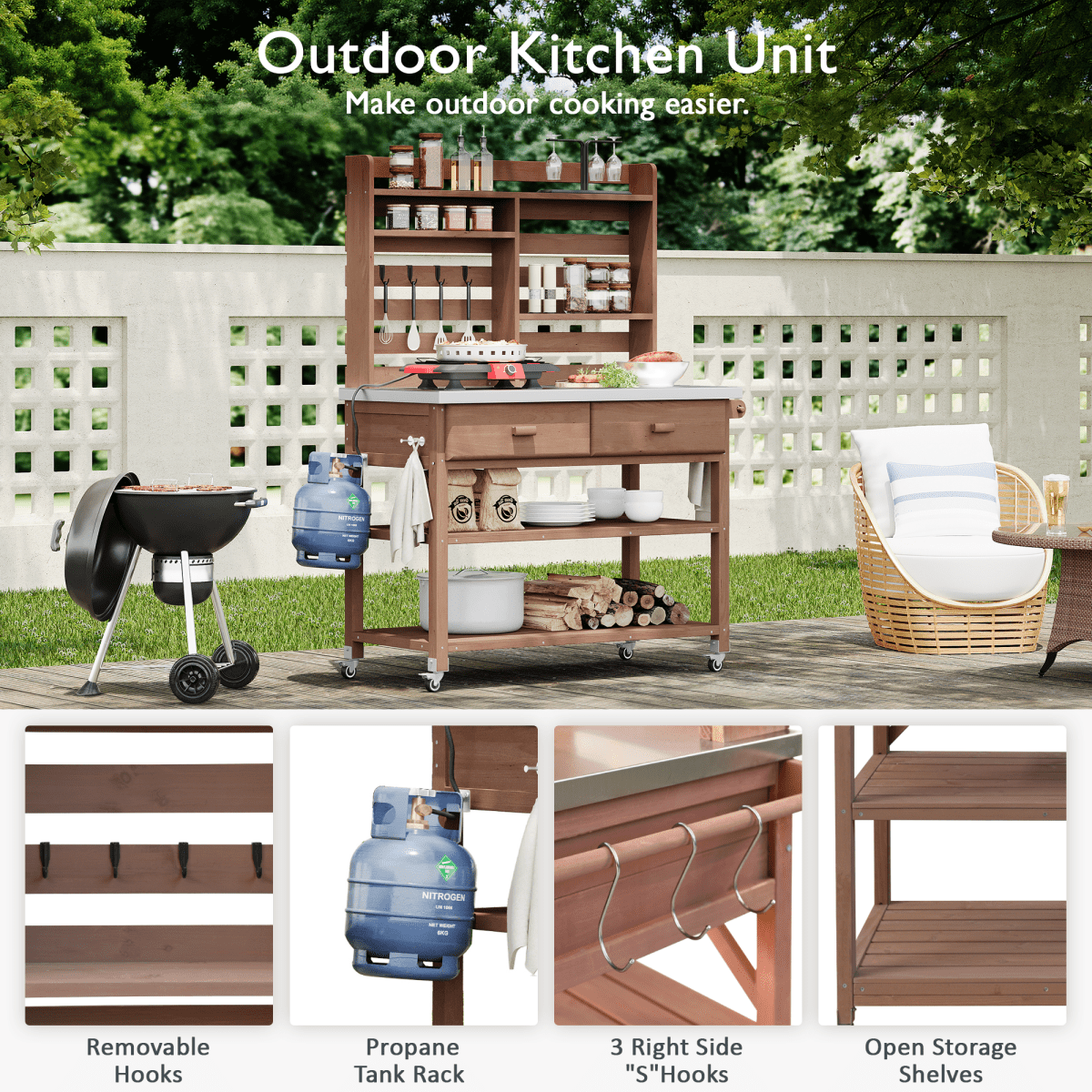 64.9"H Outdoor Potting Bench Table with Lockable Wheels, Solid Wood Outdoor Kitchen Island with Upper Hutch, Stainless Steel Top, Towel Rack ,Outdoor Storage for Grilling, Lawn Garden - Brown - HomeDIYer