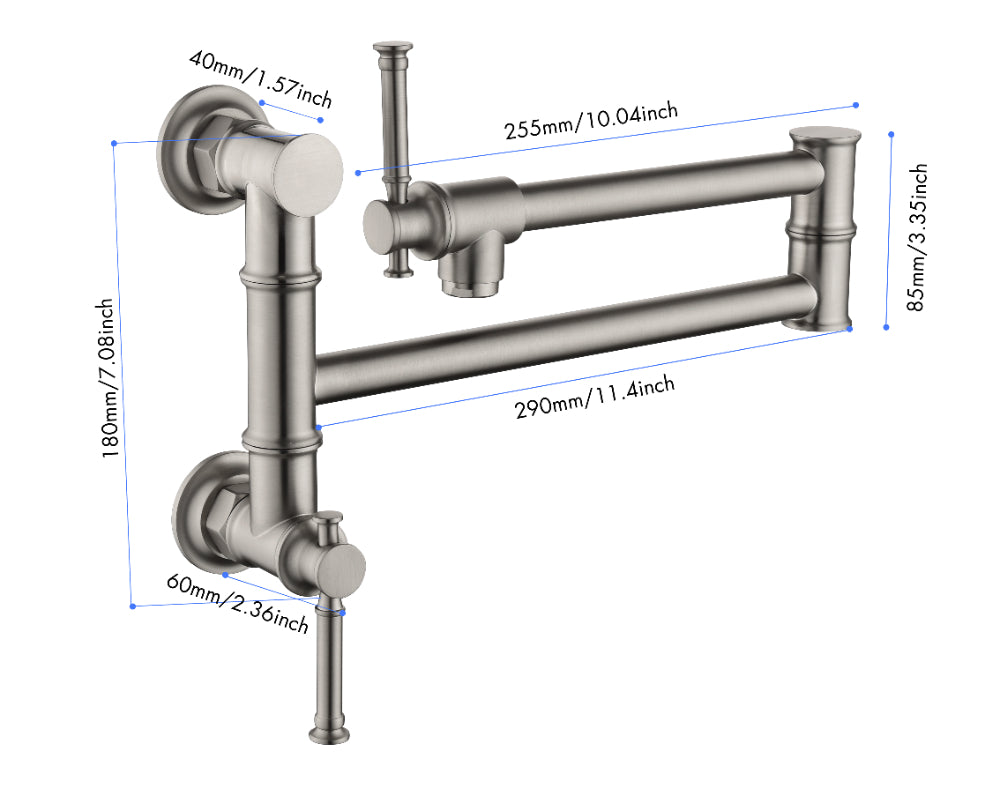 Wall Mounted Pot Filler Faucet – Brushed Nickel, Two-Attachment Folding Swing Arm, Dual Handle, Solid Brass