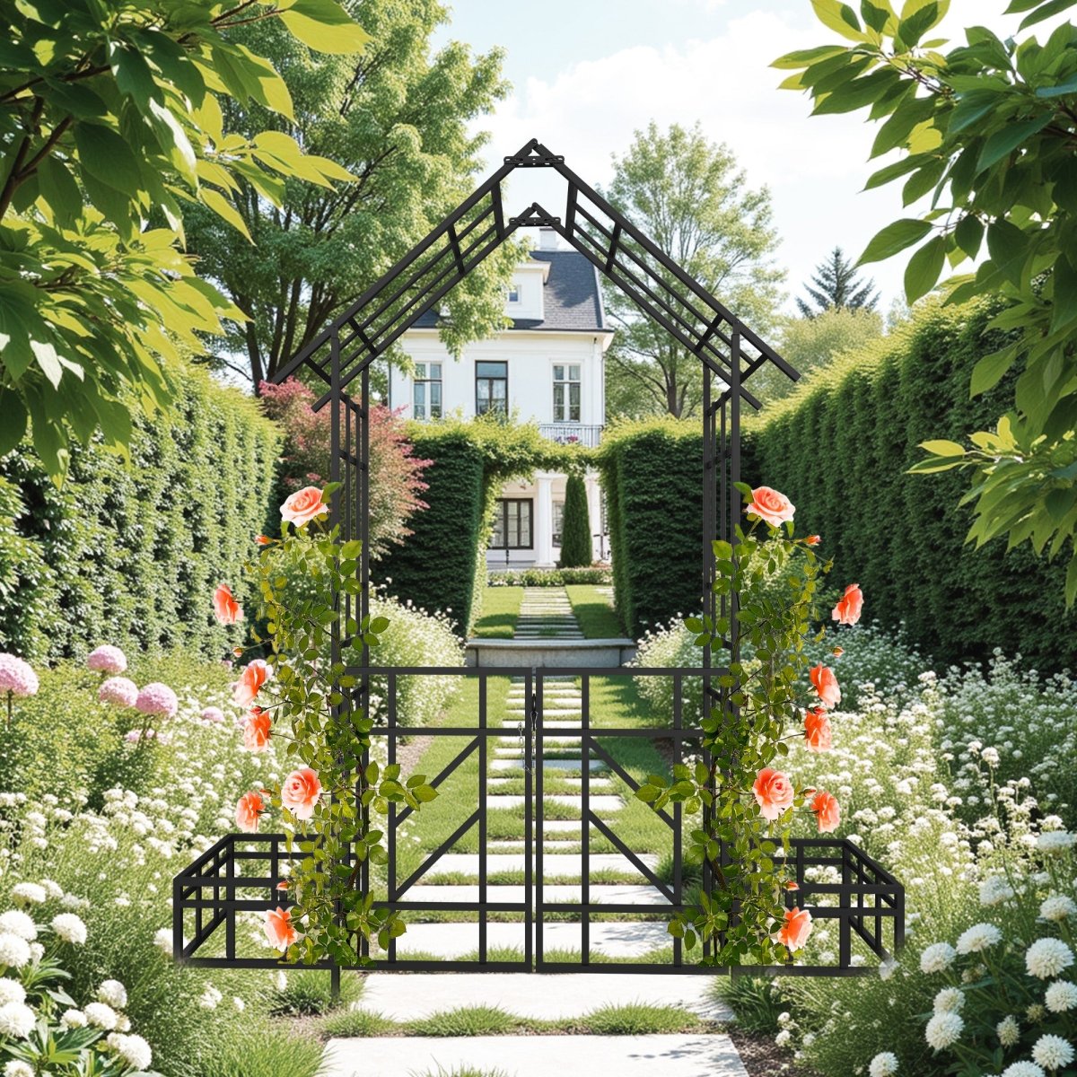 Metal Garden Arch with Gate with planter W80.71*H97.24 Climbing Plants Support Rose Arch Outdoor Black - HomeDIYer
