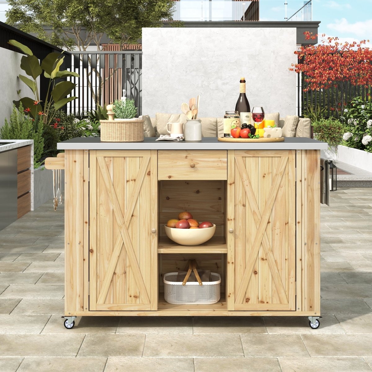Natural Wood Outdoor Kitchen Island with Stainless Steel Top | Foldable Prep Station - HomeDIYer