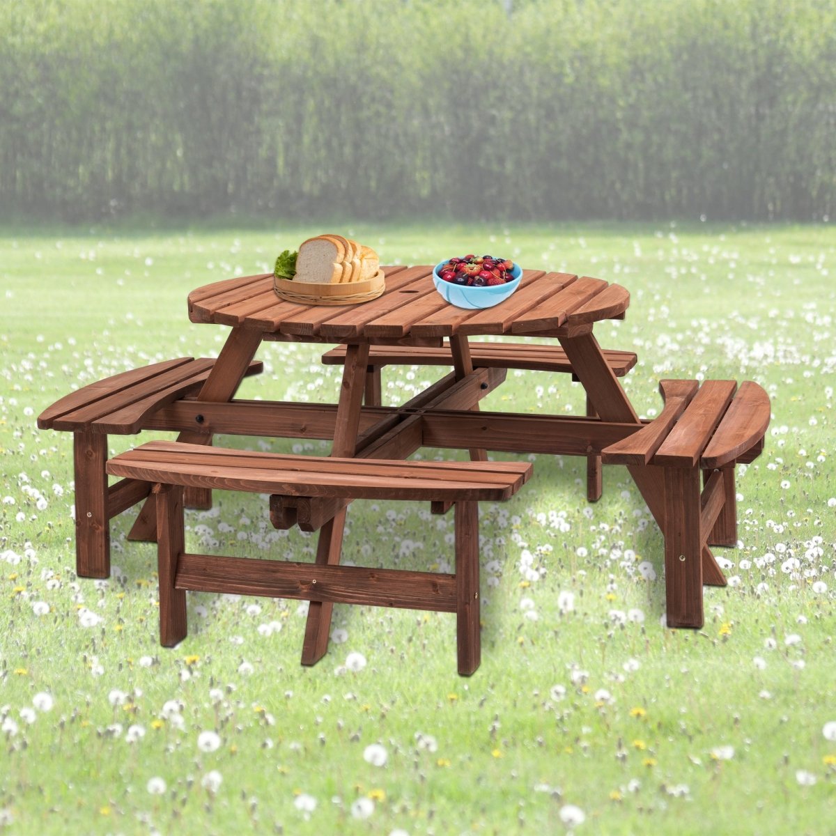 8 Person Wooden Picnic Table, Outdoor Camping Dining Table with Seat, Garden, DIY w/ 4 Built - in Benches, 2220lb Capacity - HomeDIYer