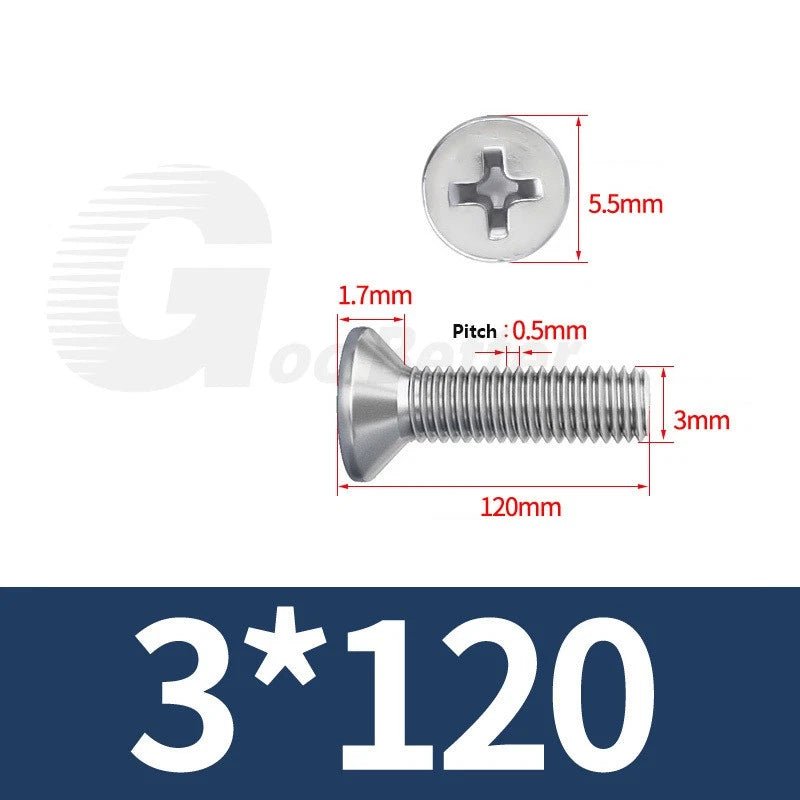 M1–M3.5 Phillips Countersunk Machine Screws – 304 Stainless Steel, Fully Threaded (3–120mm Overall Length) - HomeDIYer