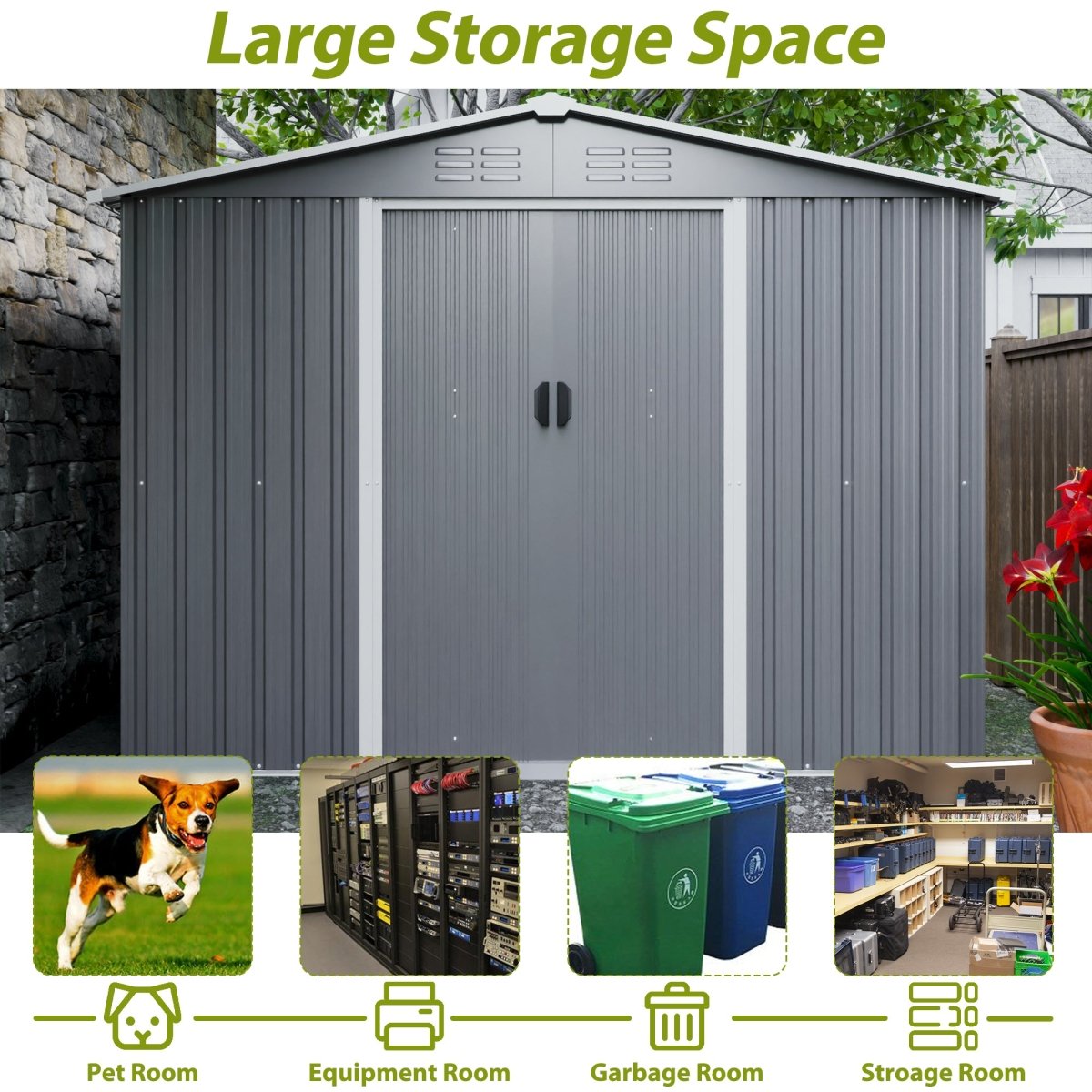 8x6 FT Outdoor Tool Storage Shed with Metal Foundation & Lockable Doors, All Weather Metal Sheds for Garden, Patio, Backyard, Lawn, Gray - HomeDIYer