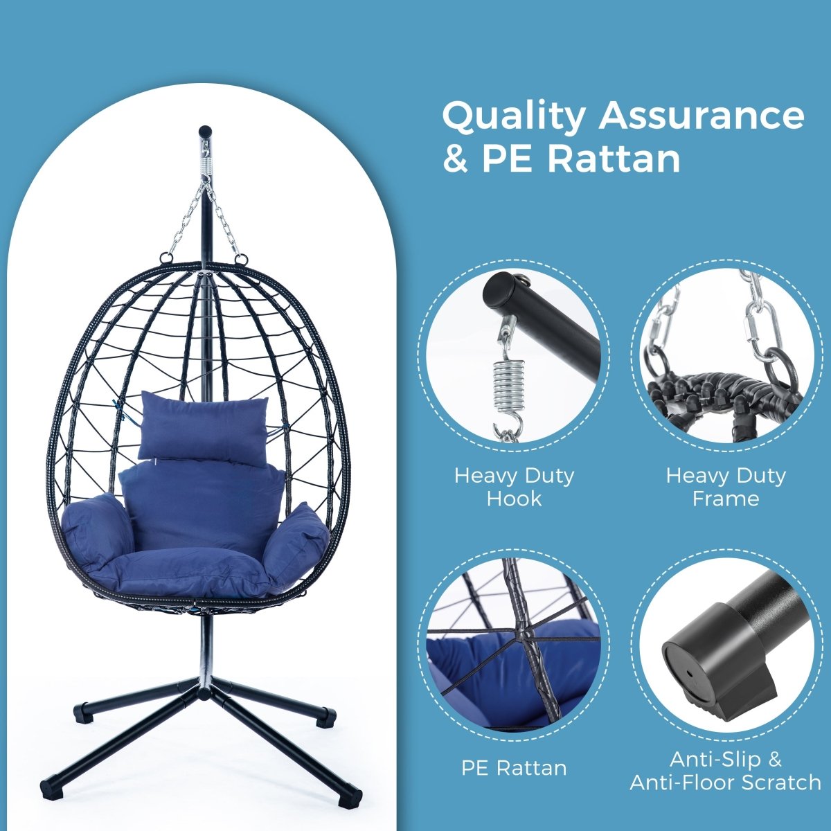 Egg Chair with Stand Indoor Outdoor Swing Chair Patio Wicker Hanging Egg Chair Hanging Basket Chair Hammock Chair with Stand for Bedroom Living Room Balcony Navy Blue - HomeDIYer
