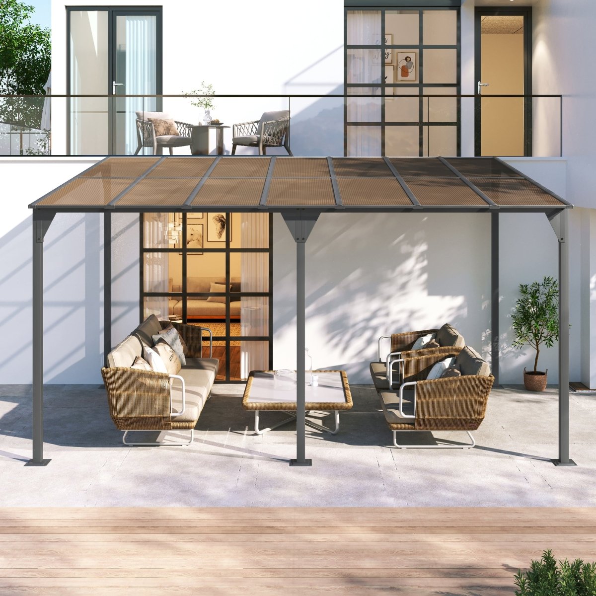Wall - Mounted Gazebo 14.76*9.22 FT Patio Cover Lean - to Awning with Powder - Coated Iron Frame and with PC Roof Panels Outdoor Sloped Design Shelter for Deck, Garden, Backyard, Gray - HomeDIYer