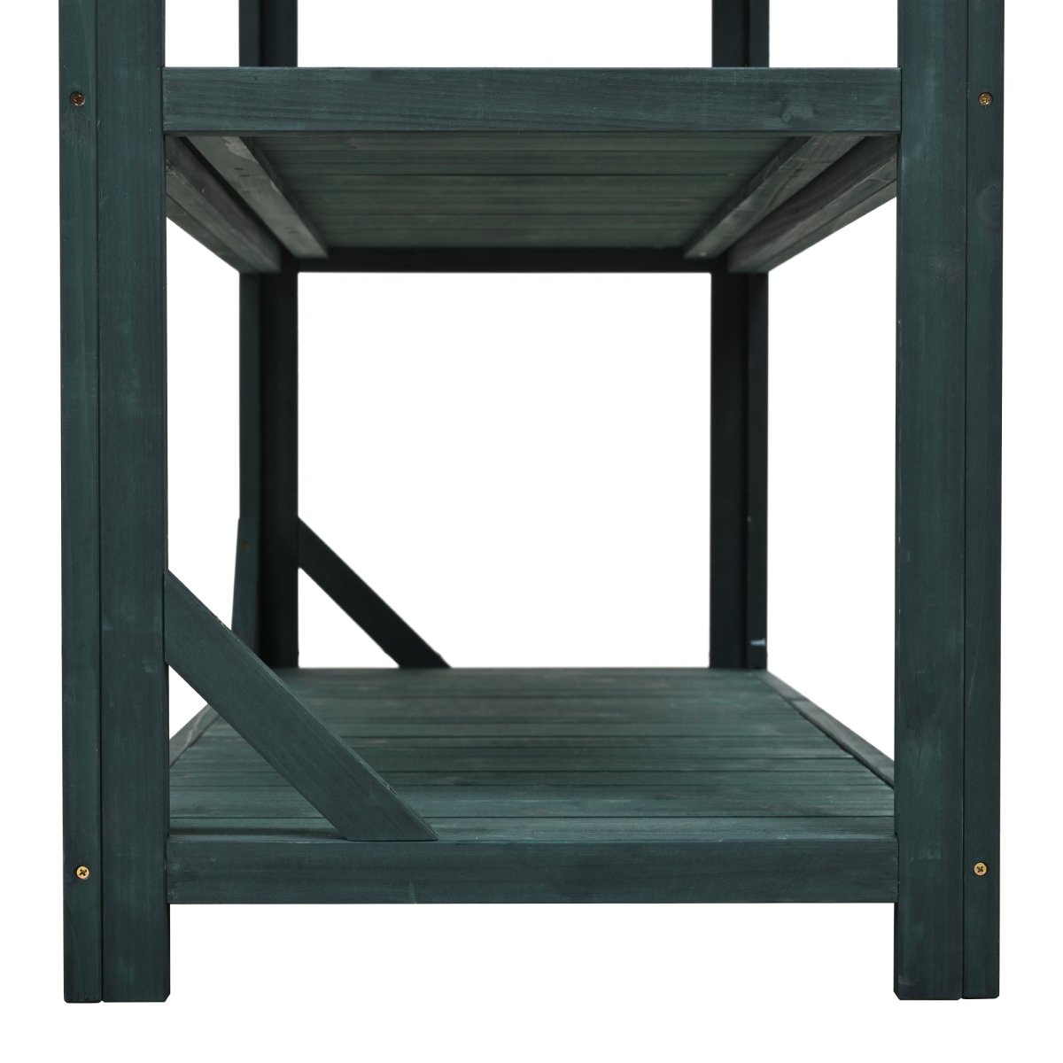 65" Large Wooden Farmhouse Rustic Outdoor Potting Bench Table, Patio Workstation, Garden Potting Bench with 4 Storage Shelves and Side Hook, Forest Green - HomeDIYer