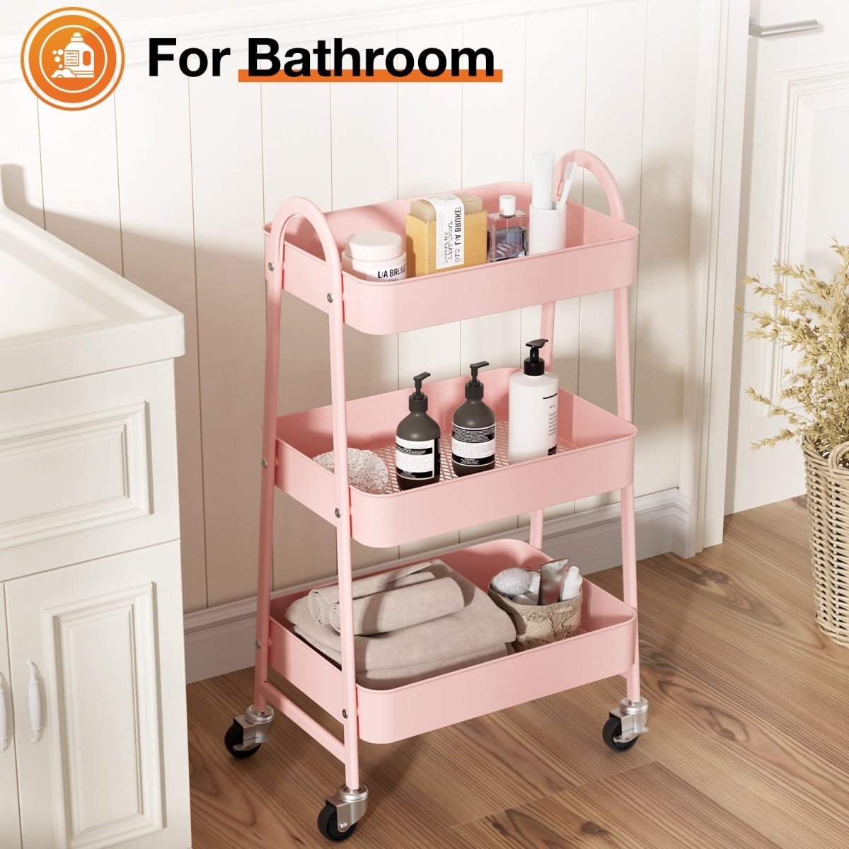 Pink 3 Tier Small Rolling Cart, Metal Utility Storage Organizer Kitchen Trolley Bathroom Laundry Room Bar Office Shelves - HomeDIYer